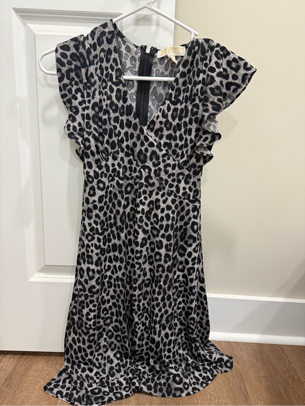 Michael Kors Black and Gray Leopard Wrap-Style Flutter Sleeve Dress